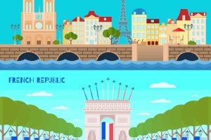 France horizontal banners set with french republic symbols flat isolated vector illustration