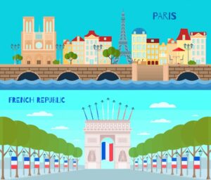 France horizontal banners set with french republic symbols flat isolated vector illustration