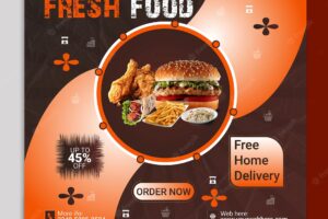 Fresh food burger social media post design template promotional branding for restaurant