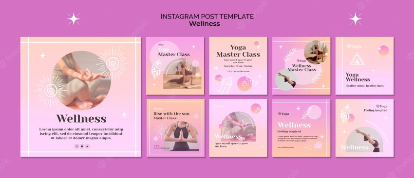 Gradient wellness instagram posts collection with shiny stars