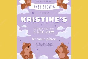 Hand drawn teddy bear baby shower invitation template