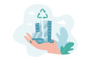 Hand holding model of modern skyscraper with recycle sign on top. reusing and recycling technology for person flat vector illustration. eco city concept for banner, website design or landing web page