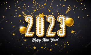 Happy new year 2023 design with glowing light bulb number and gold glass ball on black background