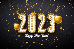 Happy new year 2023 design with glowing light bulb number and gold glass ball on black background