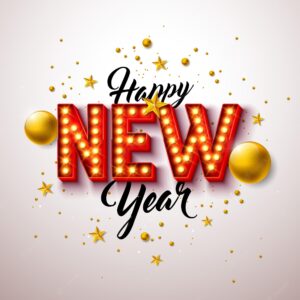Happy new year 2023 design with glowing light bulb number and gold glass ball on white background