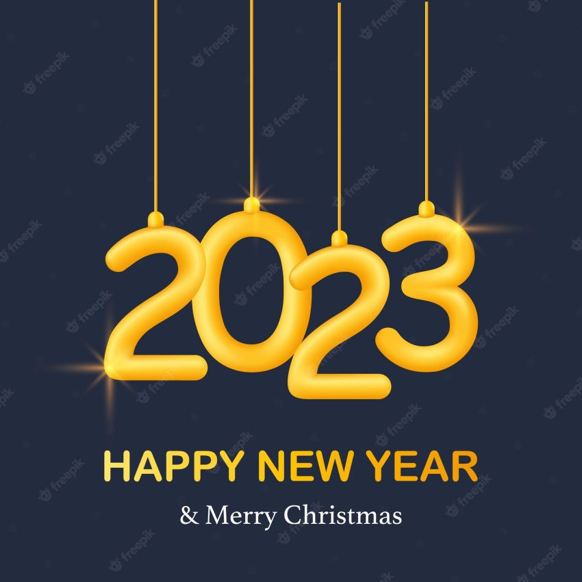 Happy new year 2023 and merry christmas banner, poster, cover card, layout design with gold balloon