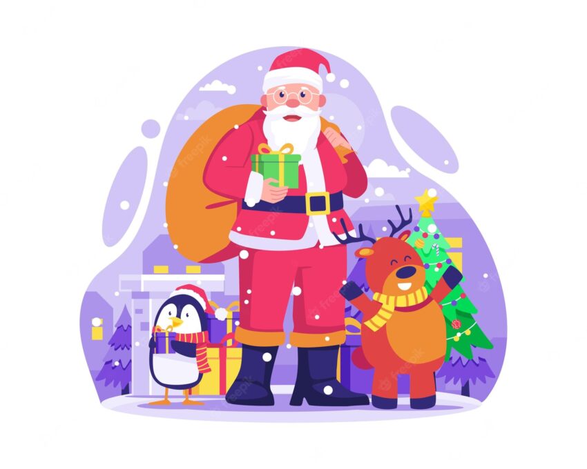 Happy santa claus standing holding a gift sack on the back ready to deliver gifts illustration
