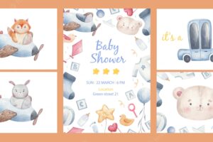 Invitation template for a children's party, baby shower, children's set of things for a baby, cars, socks, balls, balls, clothes, pacifier, bottle, bib in watercolor
