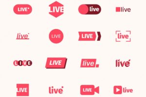 Live broadcast icon play video air symbols tv show online red logotypes collection garish vector live icons collection set isolated