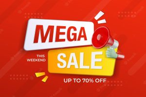 Mega sale banner promotion template with 3d megaphone on red background. special deal label design