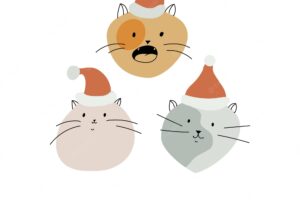 Merry christmas and happy new year cute cards for christmas fluffy cats in santa claus hats pet vector illustration