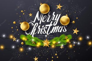 Merry christmas and happy new year illustration with gold glass ball star and lights garlands