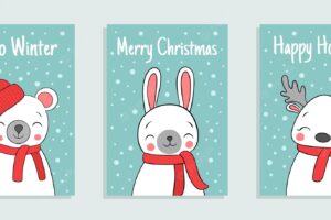 Merry christmas and happy new year set of greeting cards with cute cartoon animals