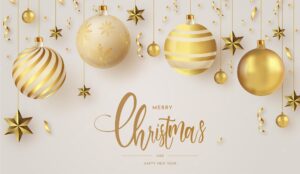 Merry christmas and happy new year with realistic golden christmas balls