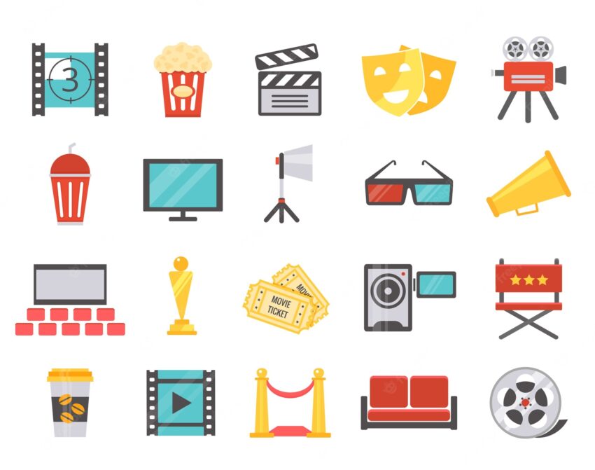 Modern cinema icons in flat style. the concept of filming and premiere in the cinema. vector illustration