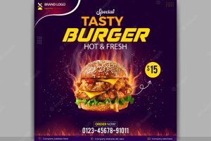 Modern food burger restaurant business web facebook post design template for social media ads