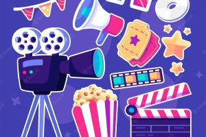 Movie and cinema items collection set of cartoon icons and symbols on cinema production theme vector illustration