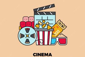 Online cinema web movie service concept internet channel line popcorn 3d glasses red theater seats icons vector entertainment symbols image