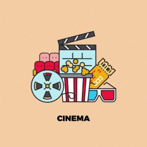 Online cinema web movie service concept internet channel line popcorn 3d glasses red theater seats icons vector entertainment symbols image
