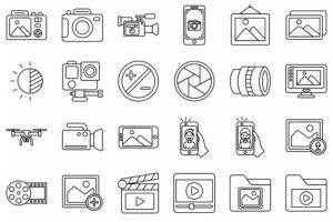 Photography and videography icons set, outline style