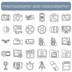Photography and videography icons set, outline style