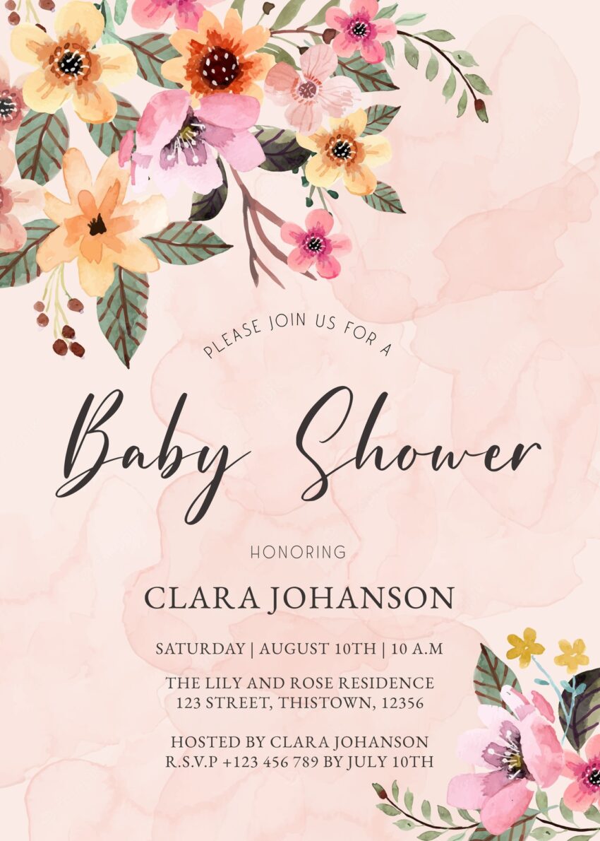 Pink creamy floral watercolor baby shower invitation card