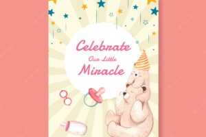Poster template with baby shower design concept for advertise and marketing watercolor vector illustration.