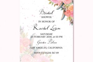 Pretty bridal shower invitation card with pink floral background and feather