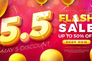 Promotional business may 5 flash sale design with 3d number and party balloon on red background