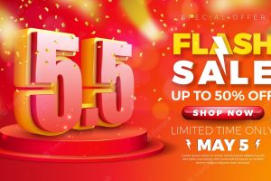 Promotional may 5 flash sale design with 3d number on podium and falling confetti on red background