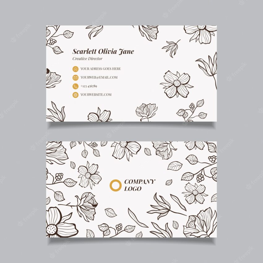 Realistic hand drawn floral business card template