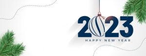 Realistic new year 2023 holiday banner with 3d ball and fir