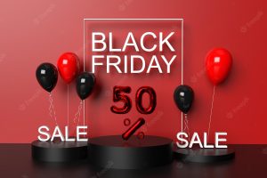 Red orange pink color background wallpaper podium black balloon hilum text font 50 fifty percent special offer sale discount marketing price black friday november shopping online concept