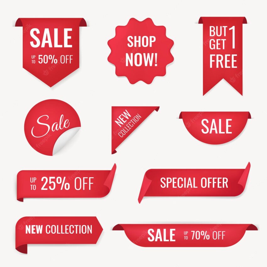 Sale banner sticker, blank vector shopping clipart set