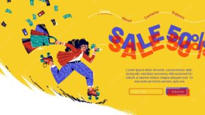 Sale cartoon landing page with running girl on rolling skates