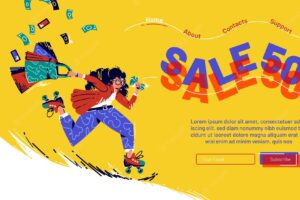 Sale cartoon landing page with running girl on rolling skates