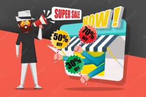 Sale and shopping concept, gentlemen use the call megaphone to call customers to buy in the shop, cartoon character flat style design