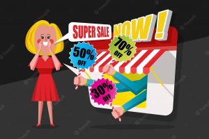 Sale and shopping concept, ladies pray red dress shouted to customers to buy in the shop, cartoon character flat style design