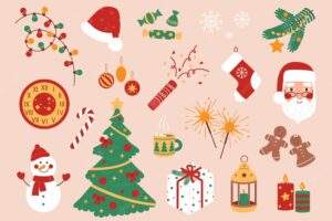 Set of christmas and new year elements on a beige background