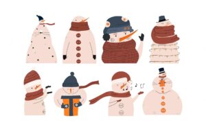 Set of funny different winter holiday snowmen christmas characters vector illustration in hand drawn style