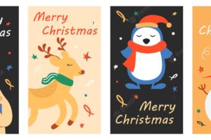 Set of modern hand drawn christmas greeting cards animals and other elements vector illustration