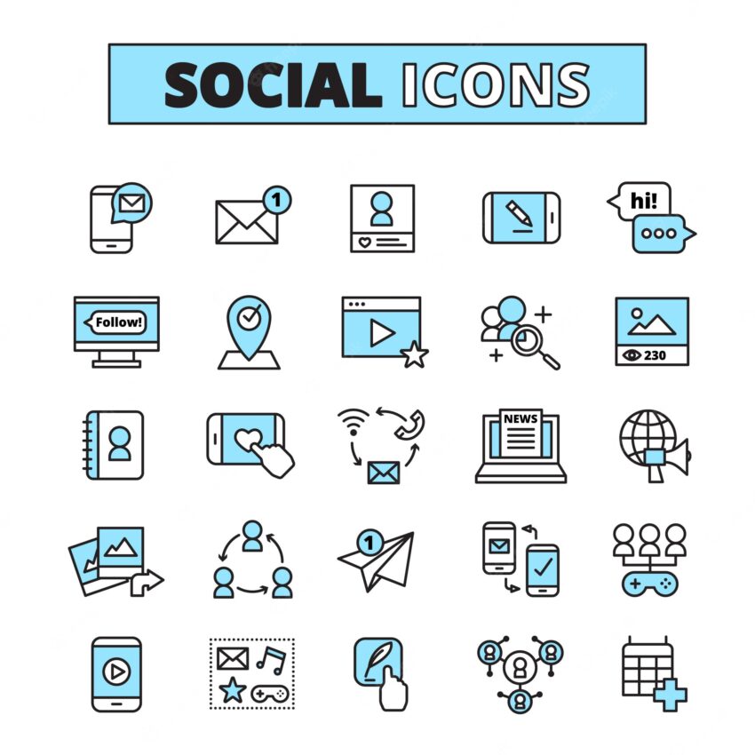 Social media line icons set for internet community email communication and group network share isolated