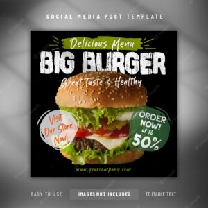 Special delicious burger and food menu sale promo social media post banner template