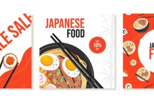 Square social media templates for japanese restaurants asian food rolls ramen vector