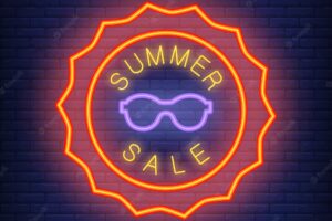 Summer sale lettering in neon style. illustration with glowing text in sun shape