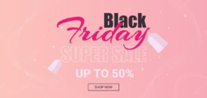 Texts black friday super sale up to 50 off on soft pink background with stars price tags and thin abstract ribbons