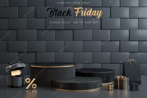 Three black and gold podium platforms with dark stuff for black friday product stand presentation