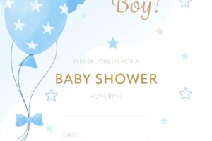 Vector baby shower invitation template with blue balloon and gap for filling it's a boy
