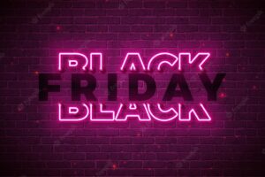 Vector black friday sale design with glowing neon light lettering on dark brick wall background