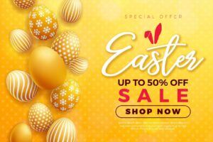 Vector easter sale illustration with color painted egg and typography letter on yellow background